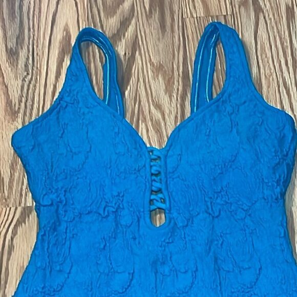 Vintage Textured Swimsuit, Turquoise, Deep-V, Small - Picture 2 of 7
